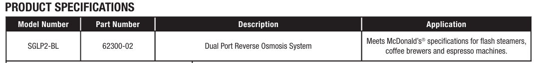 A specification chart for the SGLP2-BL RO System